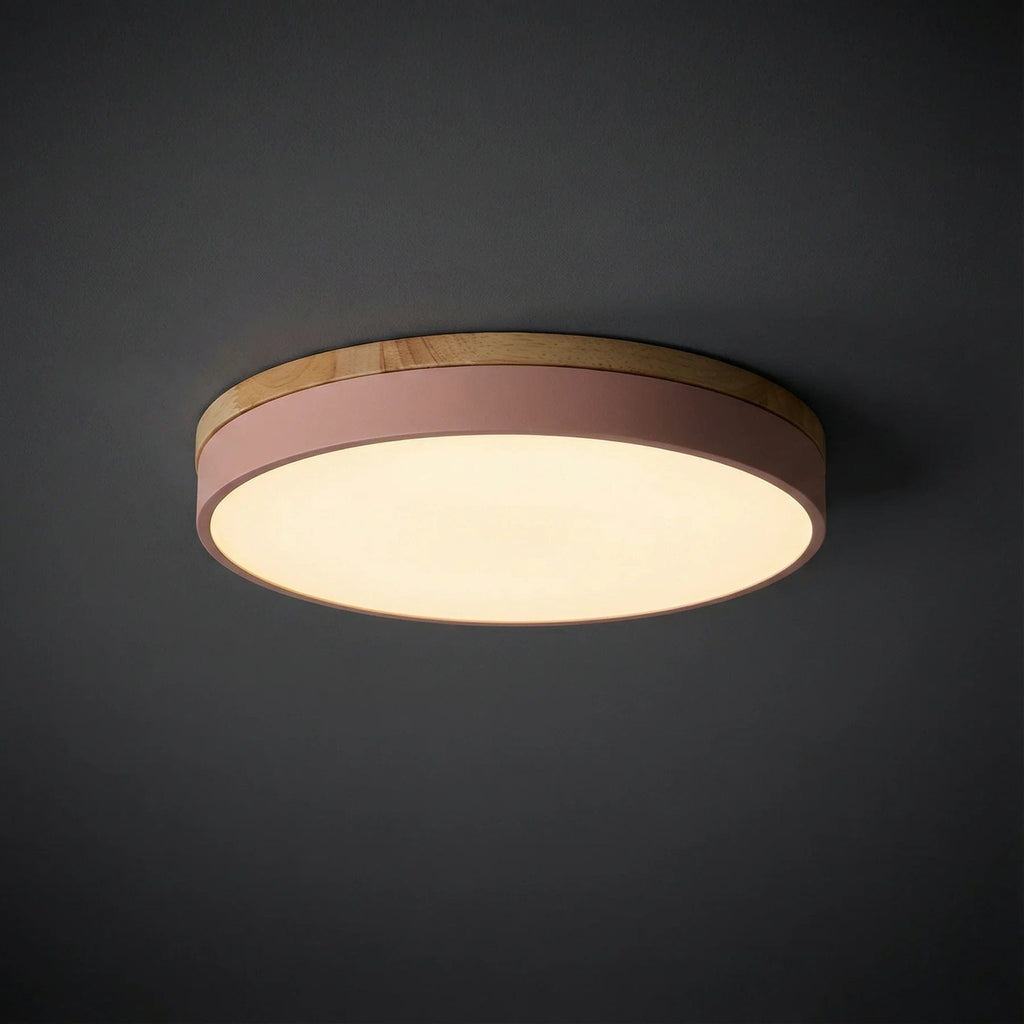 Modern Wood Flush Mount Ceiling Light With Remote Dimming in Pink — Halden Lighting