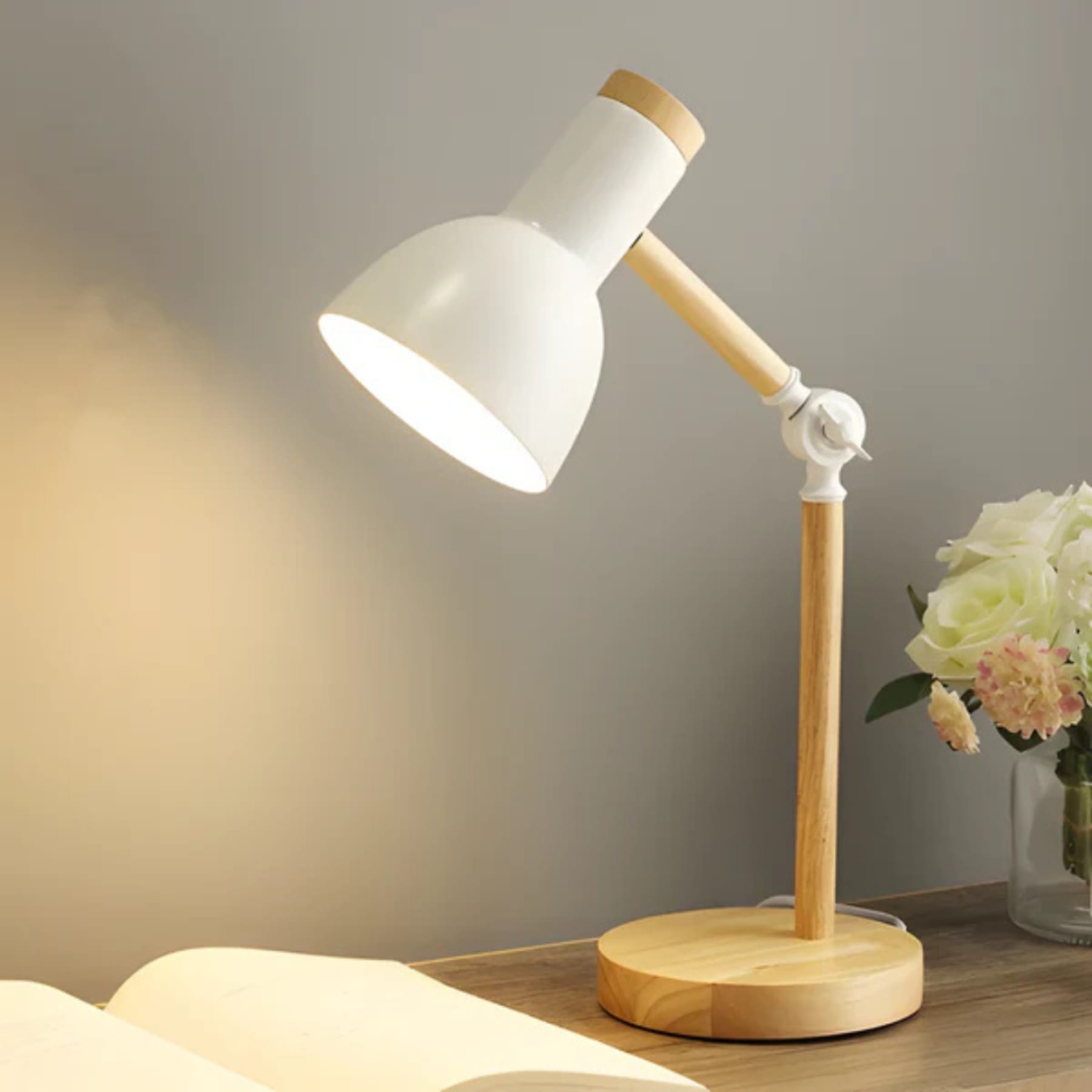 Modern Wood Table Lamp With Tri-Colour Dimmable Light for Home Office in White — Halden Lighting