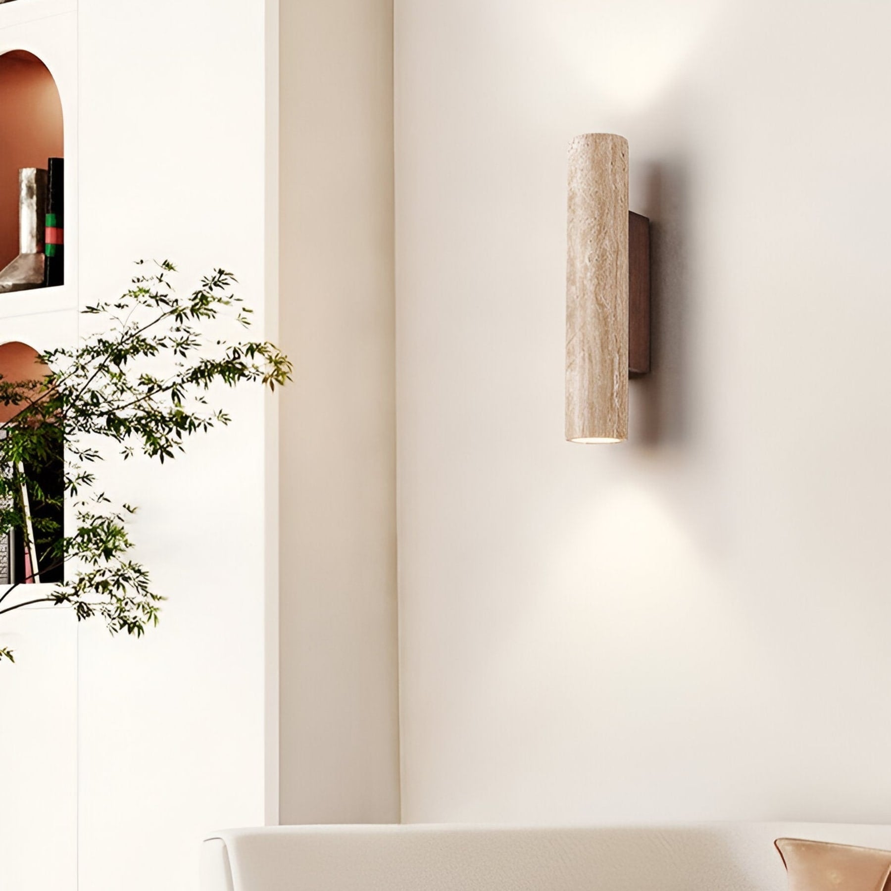 Modern Travertine And Wood Wall Light With Warm LED Glow — Halden Lighting