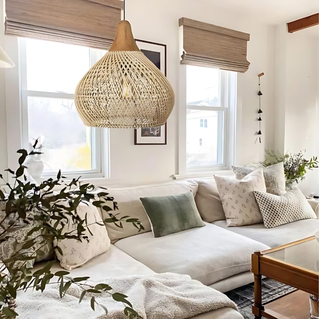 Bohemian Woven Rattan Pendant Light With Warm Neutral Glow — Halden Lighting