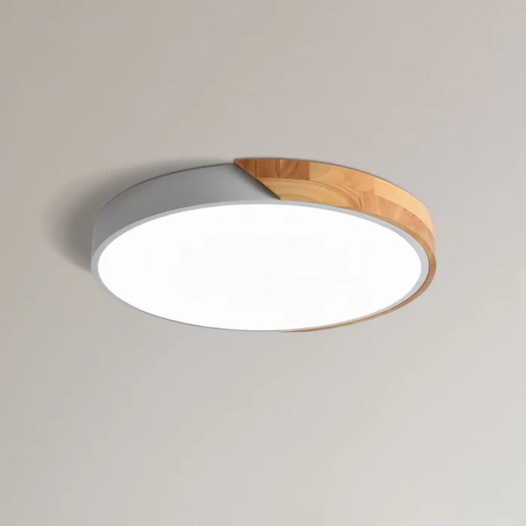 Modern Wood Flush Mount Ceiling Light With Remote Dimming in White — Halden Lighting
