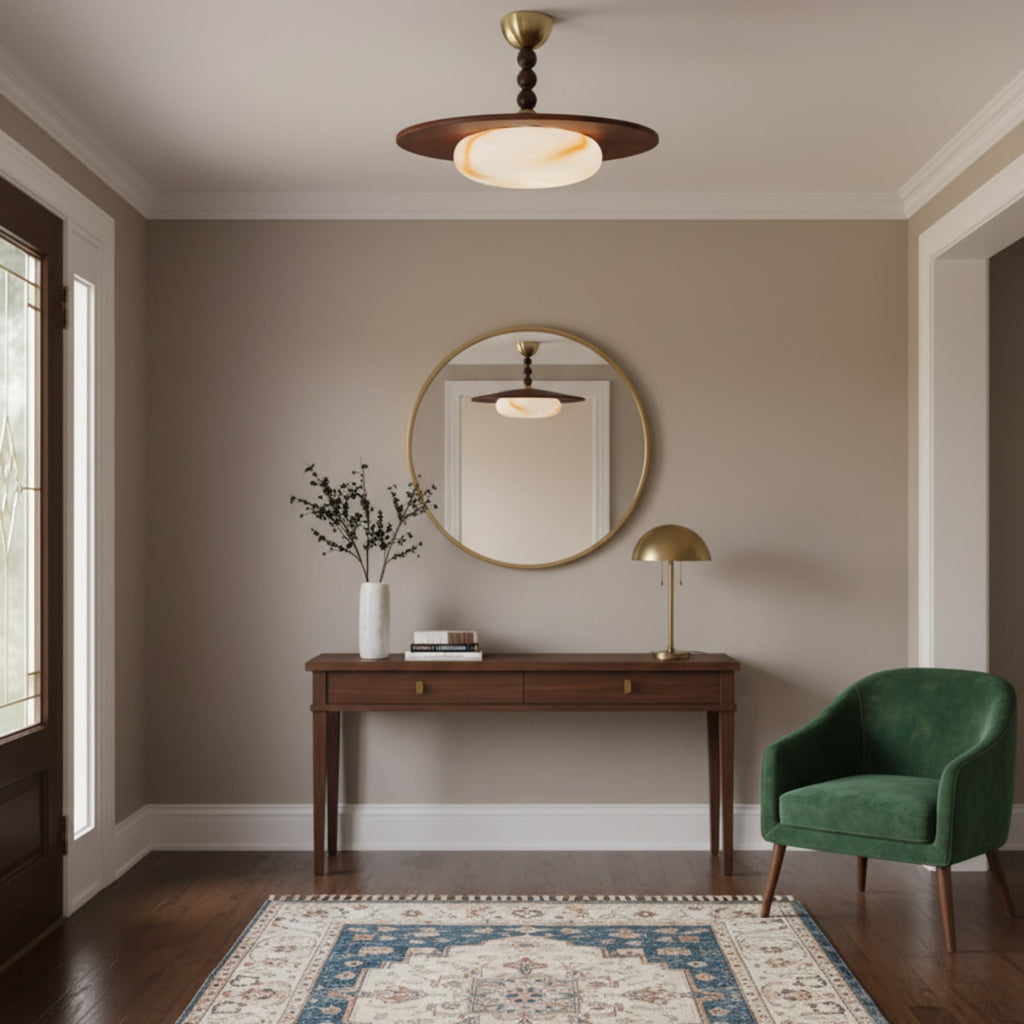 Modern Wood Semi-Flush Ceiling Light With Marble-Effect Glass — Halden Lighting
