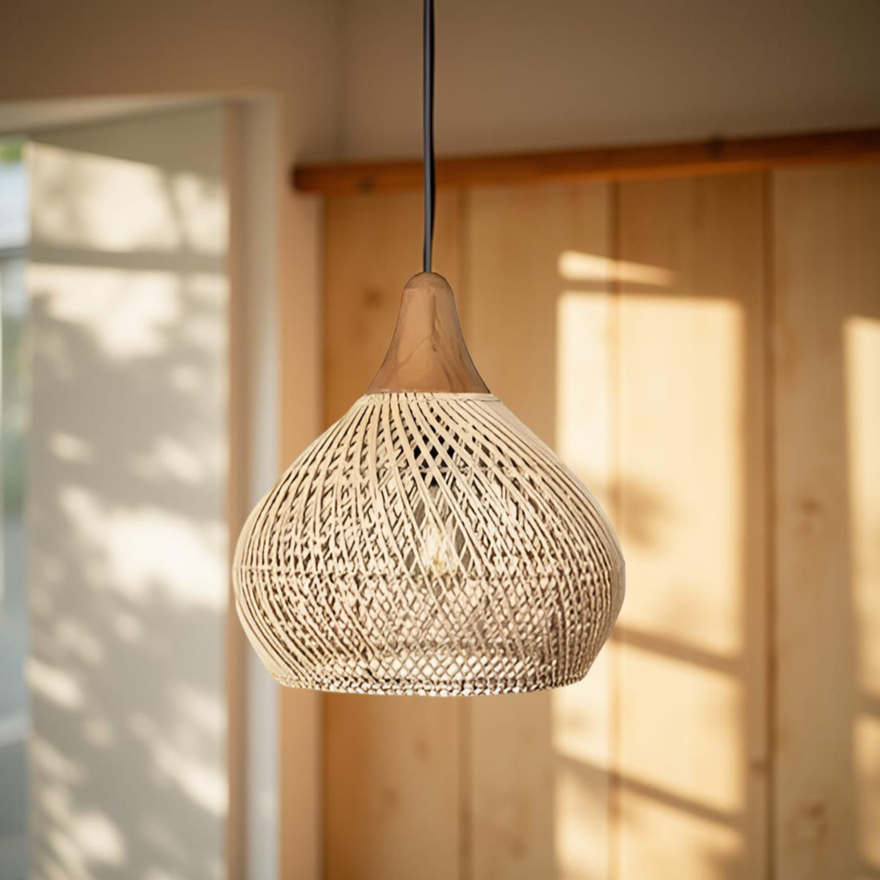 Bohemian Woven Rattan Pendant Light With Warm Neutral Glow — Halden Lighting