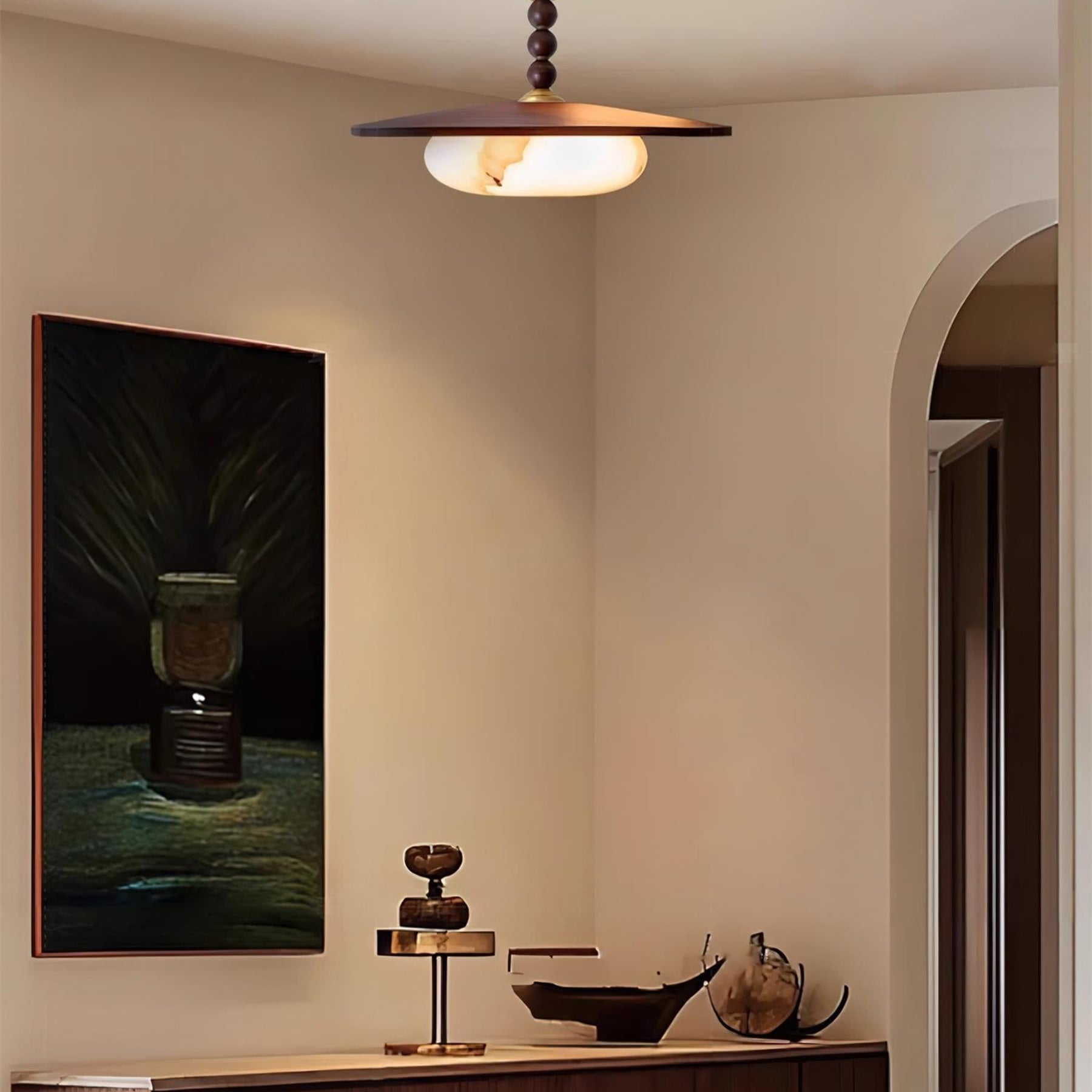 Modern Wood Semi-Flush Ceiling Light With Marble-Effect Glass — Halden Lighting