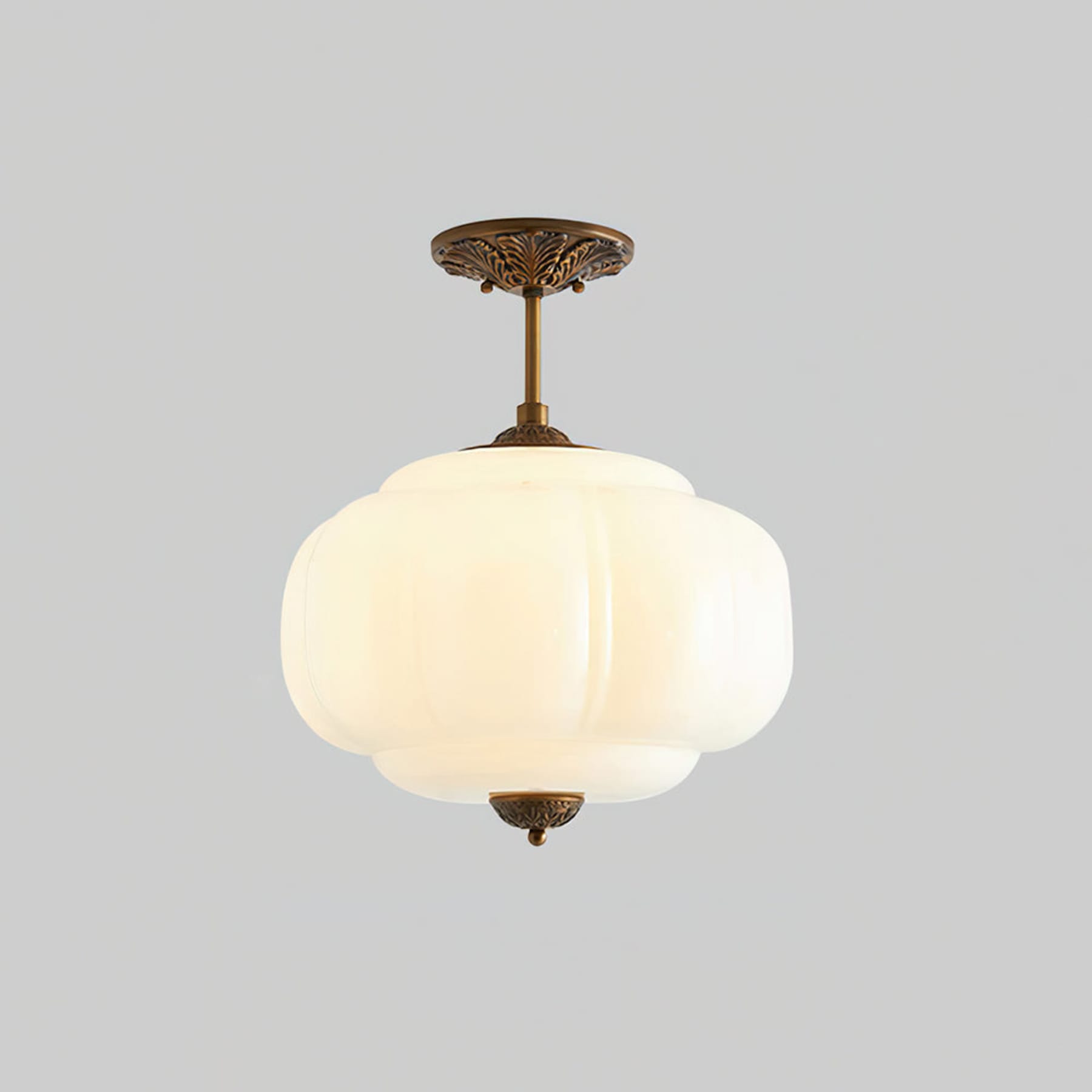 Retro Wrought Iron Glass Semi-Flush Ceiling Light With Tri-Colour Glow in Gold White — Halden Lighting