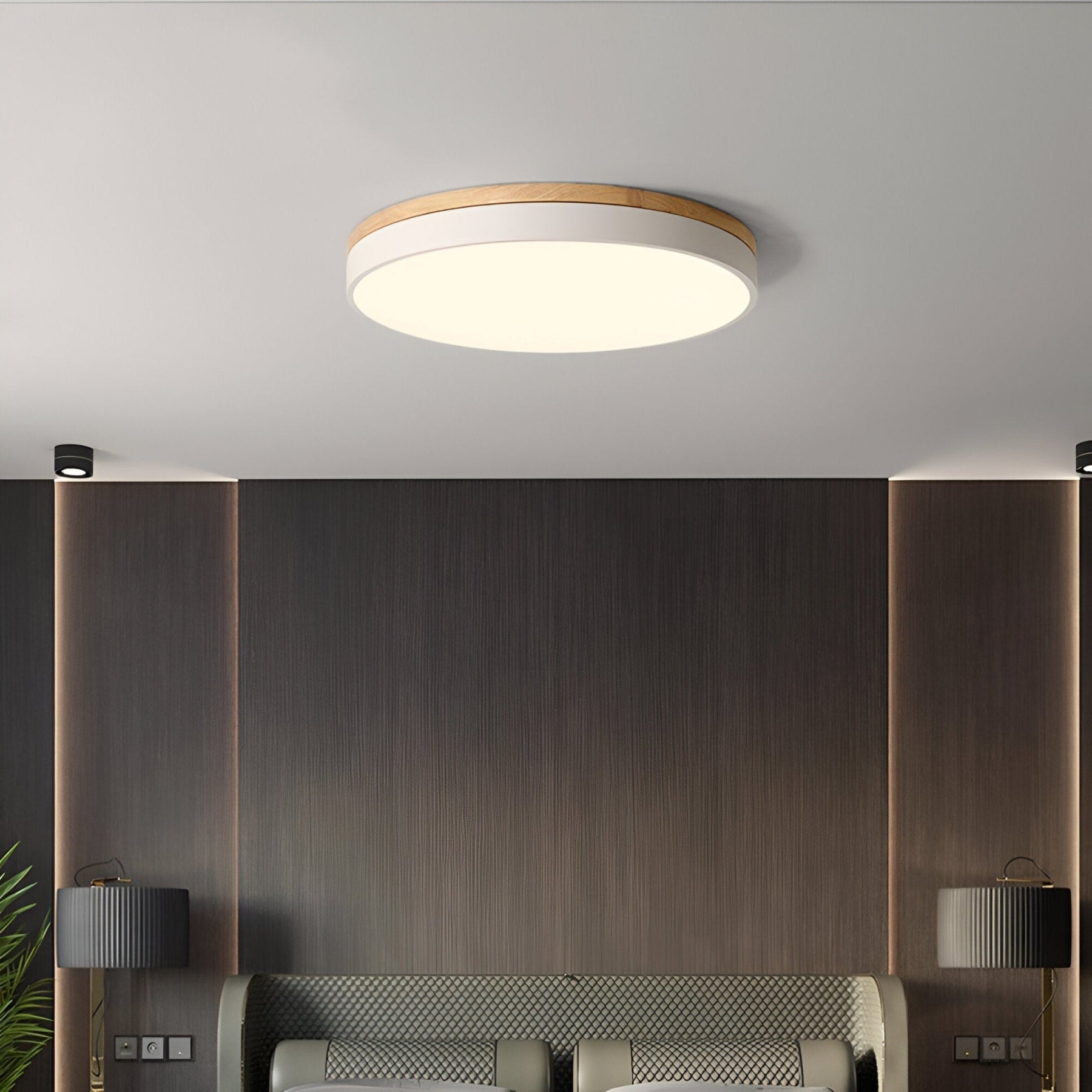Modern Wood Flush Mount Ceiling Light With Remote Dimming — Halden Lighting
