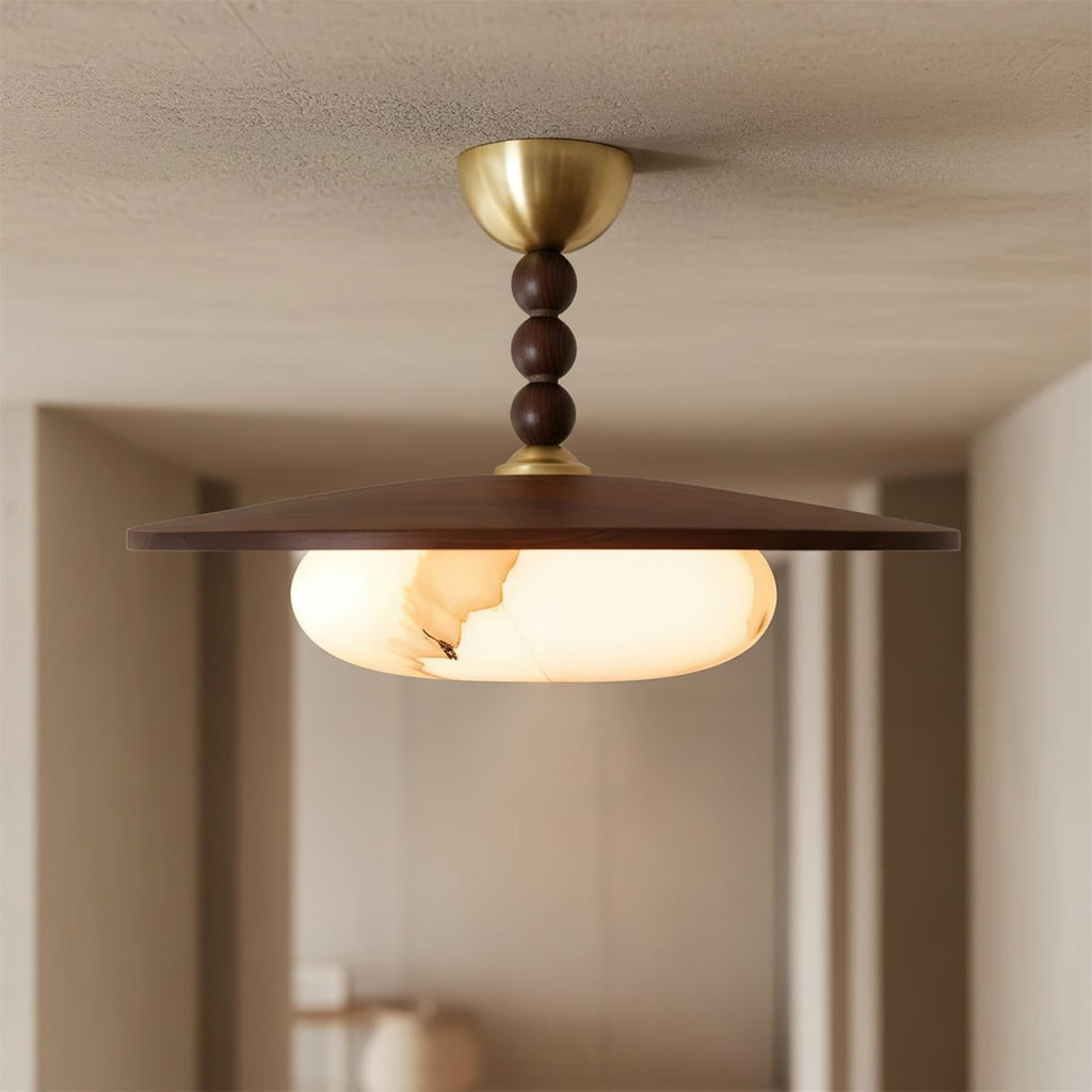 Modern Wood Semi-Flush Ceiling Light With Marble-Effect Glass — Halden Lighting