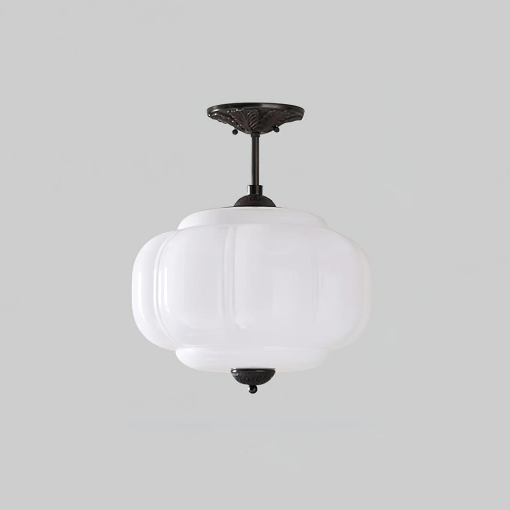 Retro Wrought Iron Glass Semi-Flush Ceiling Light With Tri-Colour Glow in Black White — Halden Lighting