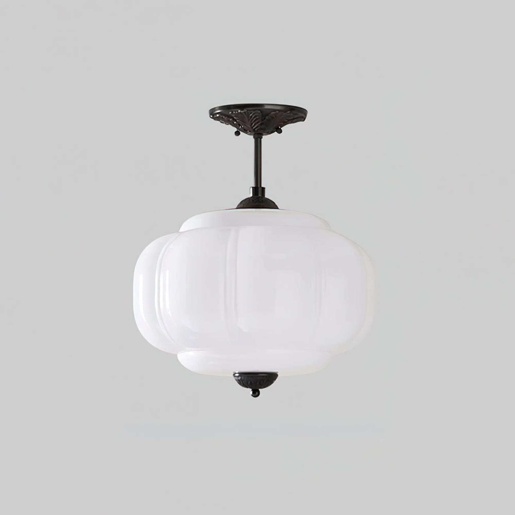 Retro Wrought Iron Glass Semi-Flush Ceiling Light With Tri-Colour Glow in Black White — Halden Lighting