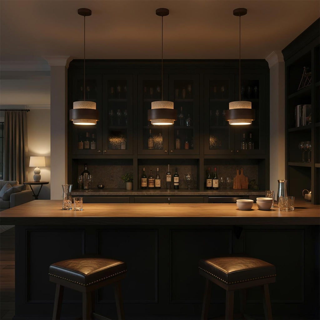 Modern Travertine And Wood Pendant Light For Dining Room — Halden Lighting