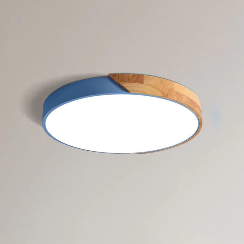 Modern Wood Flush Mount Ceiling Light With Remote Dimming in Blue — Halden Lighting
