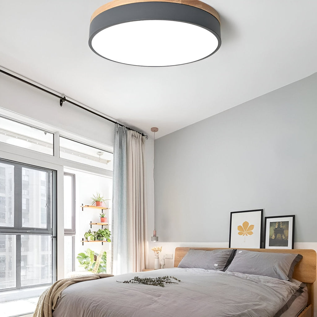Modern Wood Flush Mount Ceiling Light With Remote Dimming — Halden Lighting