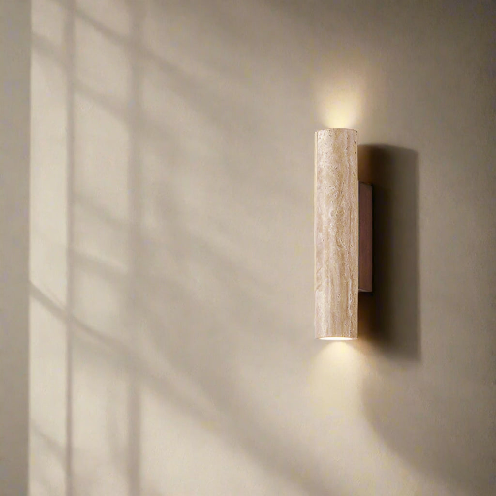 Modern Travertine And Wood Wall Light With Warm LED Glow — Halden Lighting