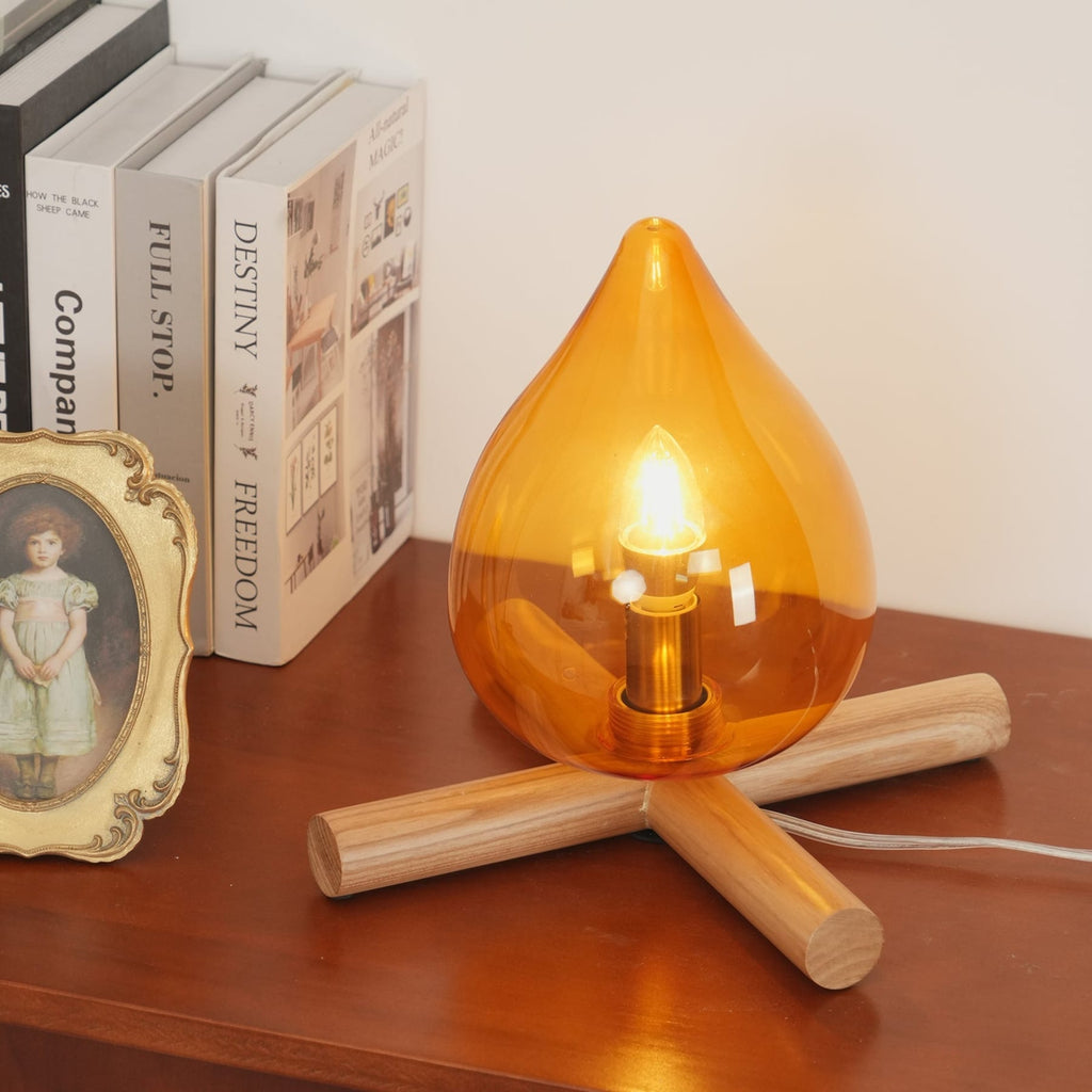 Modern Bamboo and Wood Table Lamp With Warm LED Glow in Orange Brown — Halden Lighting