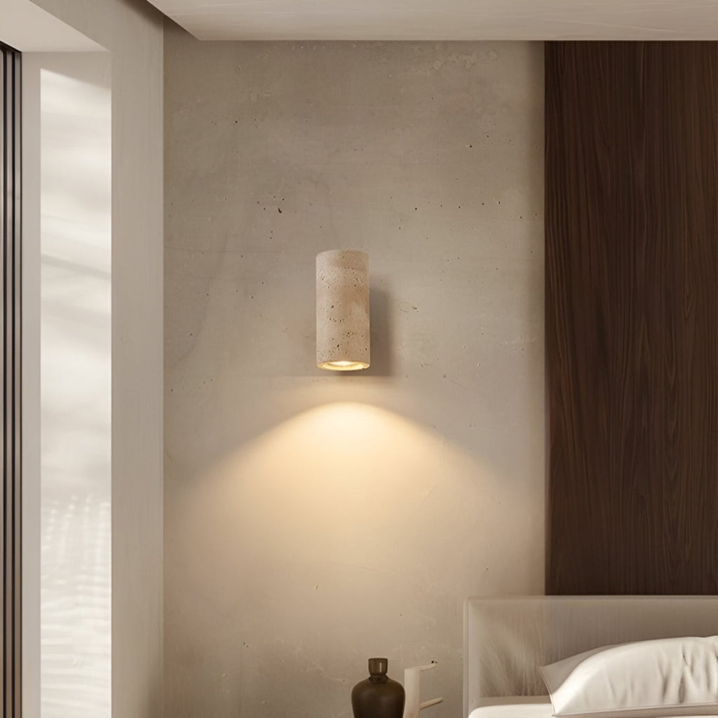 Modern Travertine And Wood Wall Light With Warm LED Glow — Halden Lighting