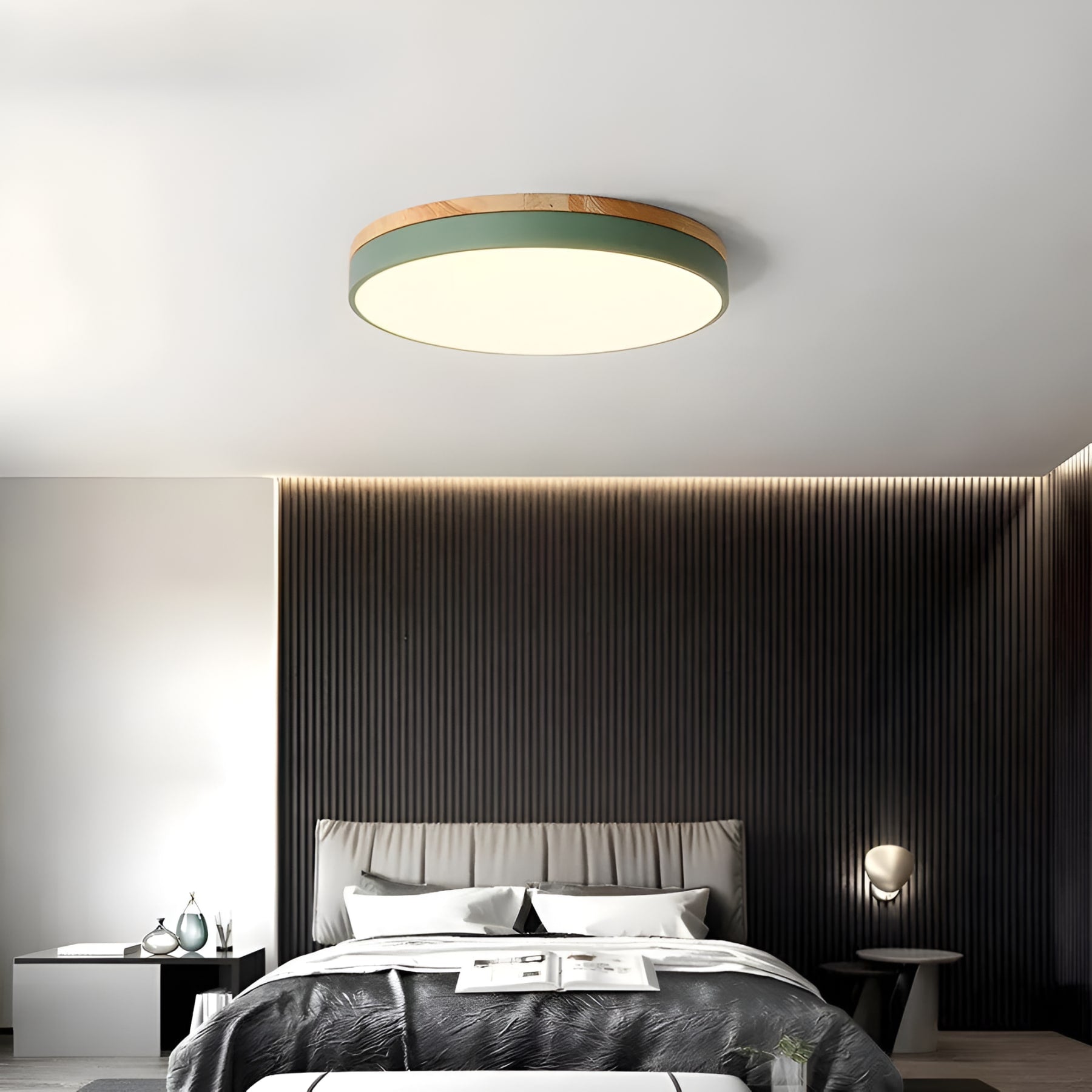 Modern Wood Flush Mount Ceiling Light With Remote Dimming — Halden Lighting