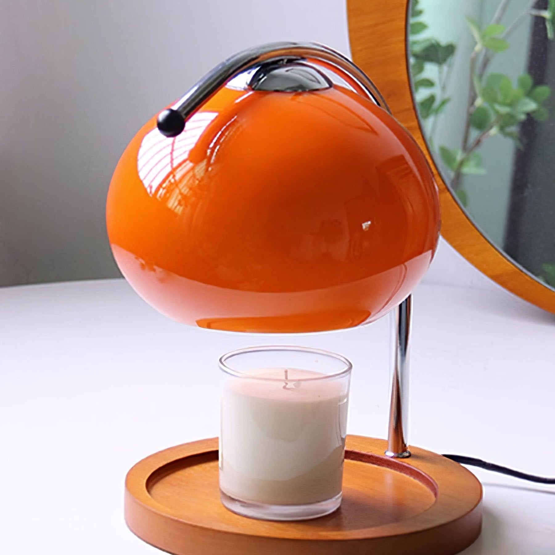 Modern Wood and Glass Table Lamp With Warm Daylight Glow in Orange — Halden Lighting