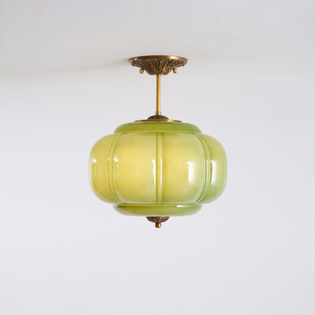 Retro Wrought Iron Glass Semi-Flush Ceiling Light With Tri-Colour Glow — Halden Lighting