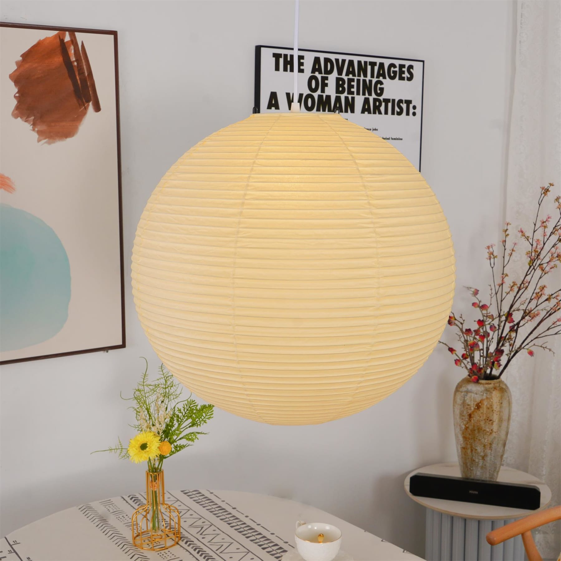Minimalist Round Lantern Pendant Light With Fabric Shade — Halden Lighting