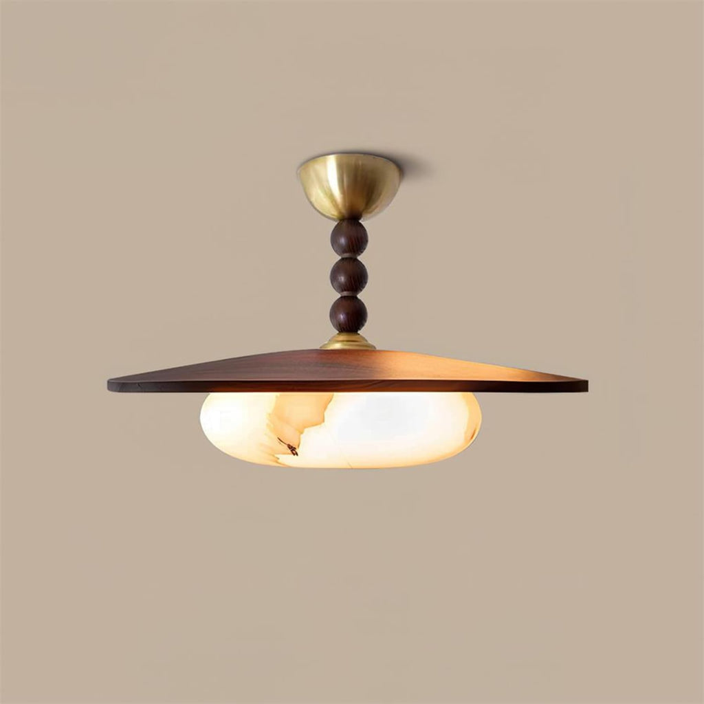Modern Wood Semi-Flush Ceiling Light With Marble-Effect Glass in Brown White — Halden Lighting