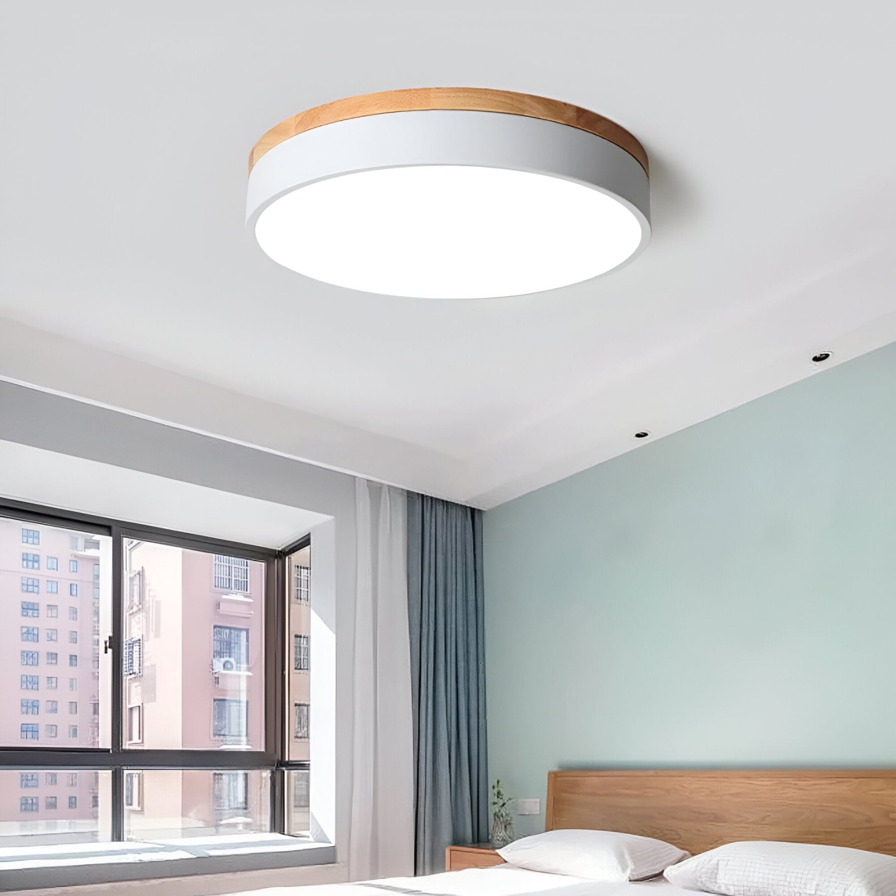 Modern Wood Flush Mount Ceiling Light With Remote Dimming — Halden Lighting