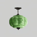 Retro Wrought Iron Glass Semi-Flush Ceiling Light With Tri-Colour Glow in Black Green — Halden Lighting