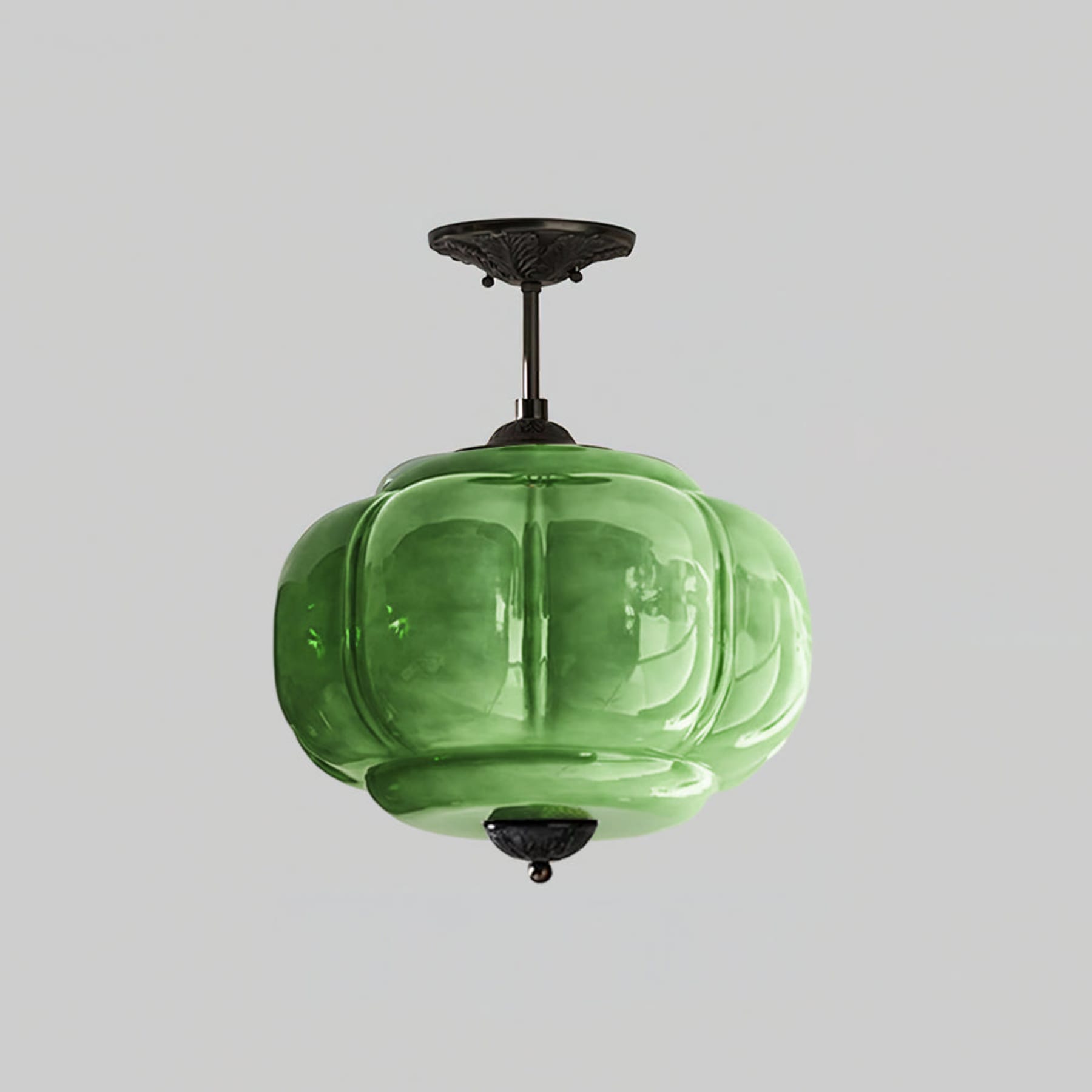 Retro Wrought Iron Glass Semi-Flush Ceiling Light With Tri-Colour Glow in Black Green — Halden Lighting