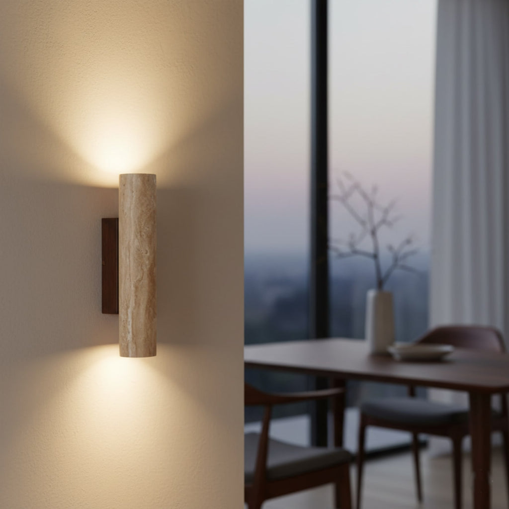 Modern Travertine And Wood Wall Light With Warm LED Glow — Halden Lighting