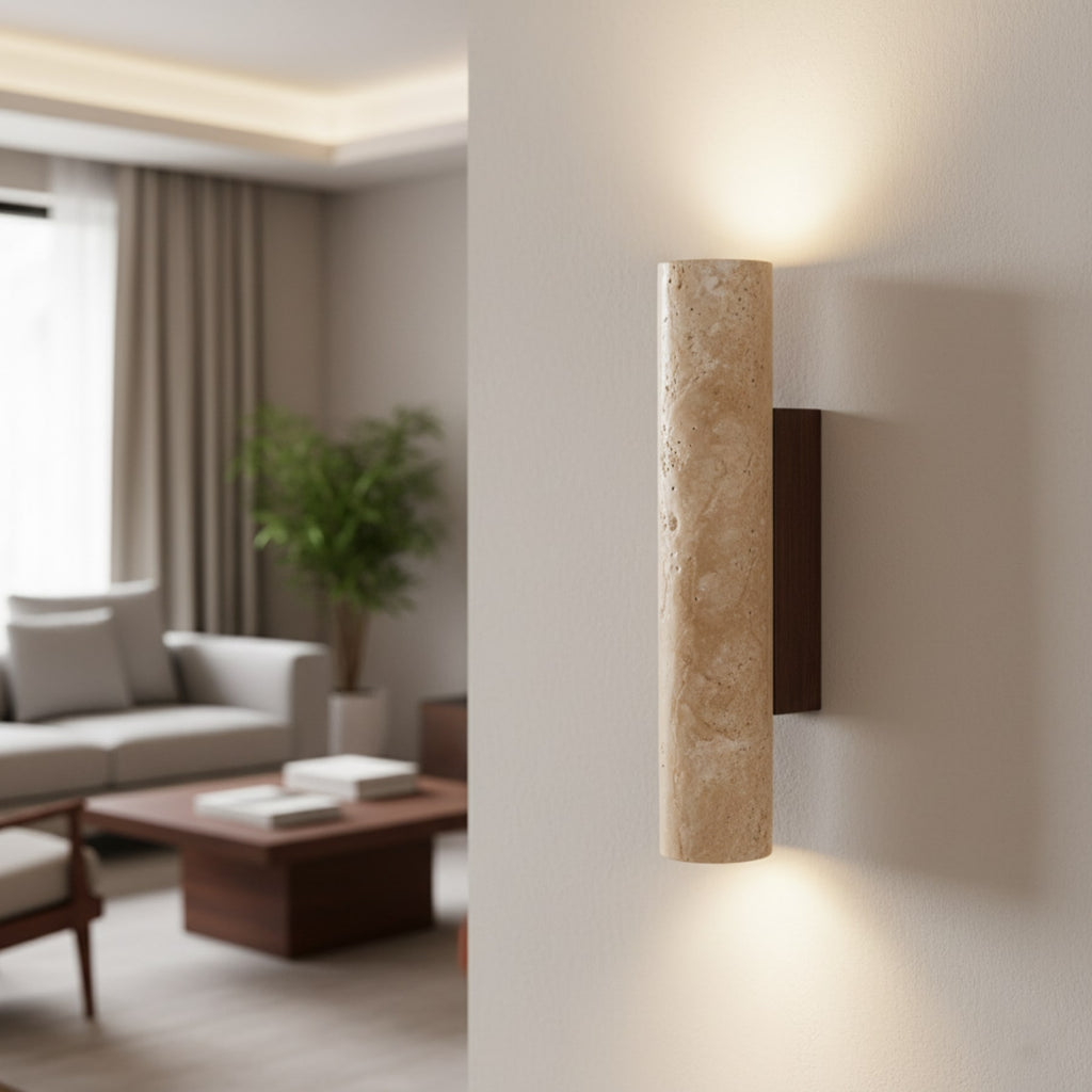 Modern Travertine And Wood Wall Light With Warm LED Glow — Halden Lighting