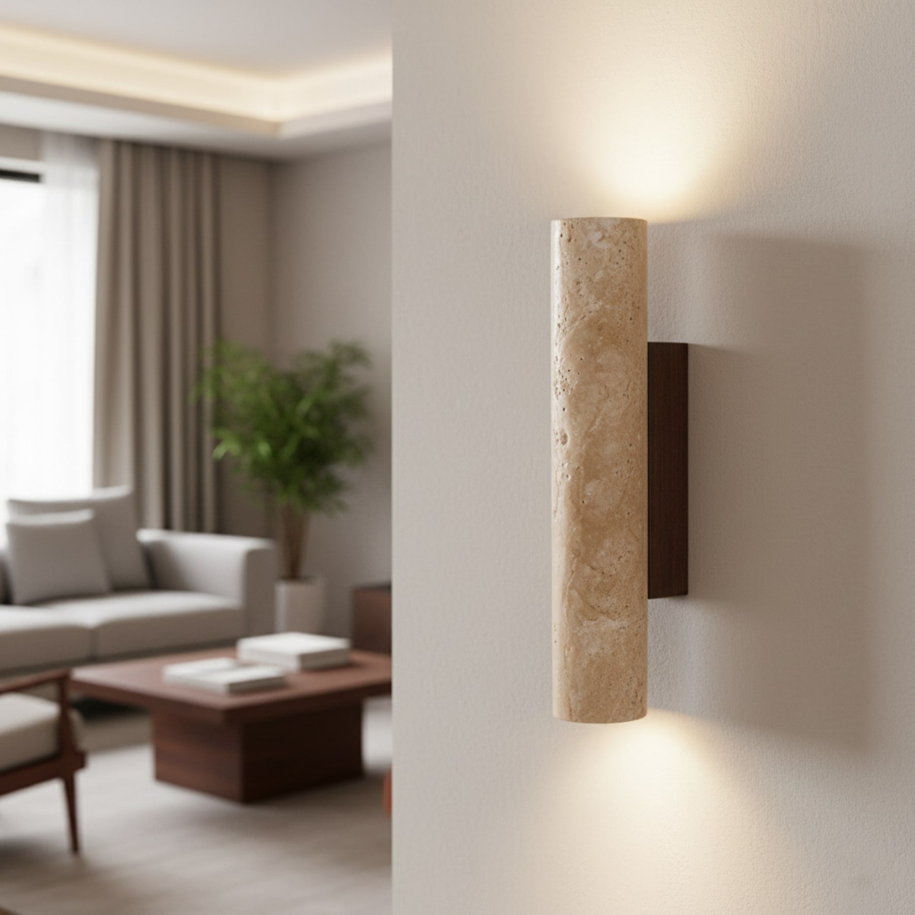 Modern Travertine And Wood Wall Light With Warm LED Glow — Halden Lighting