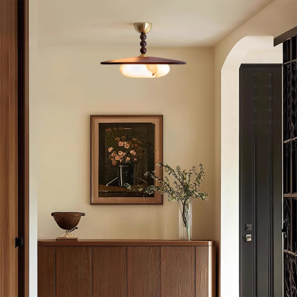 Modern Wood Semi-Flush Ceiling Light With Marble-Effect Glass — Halden Lighting