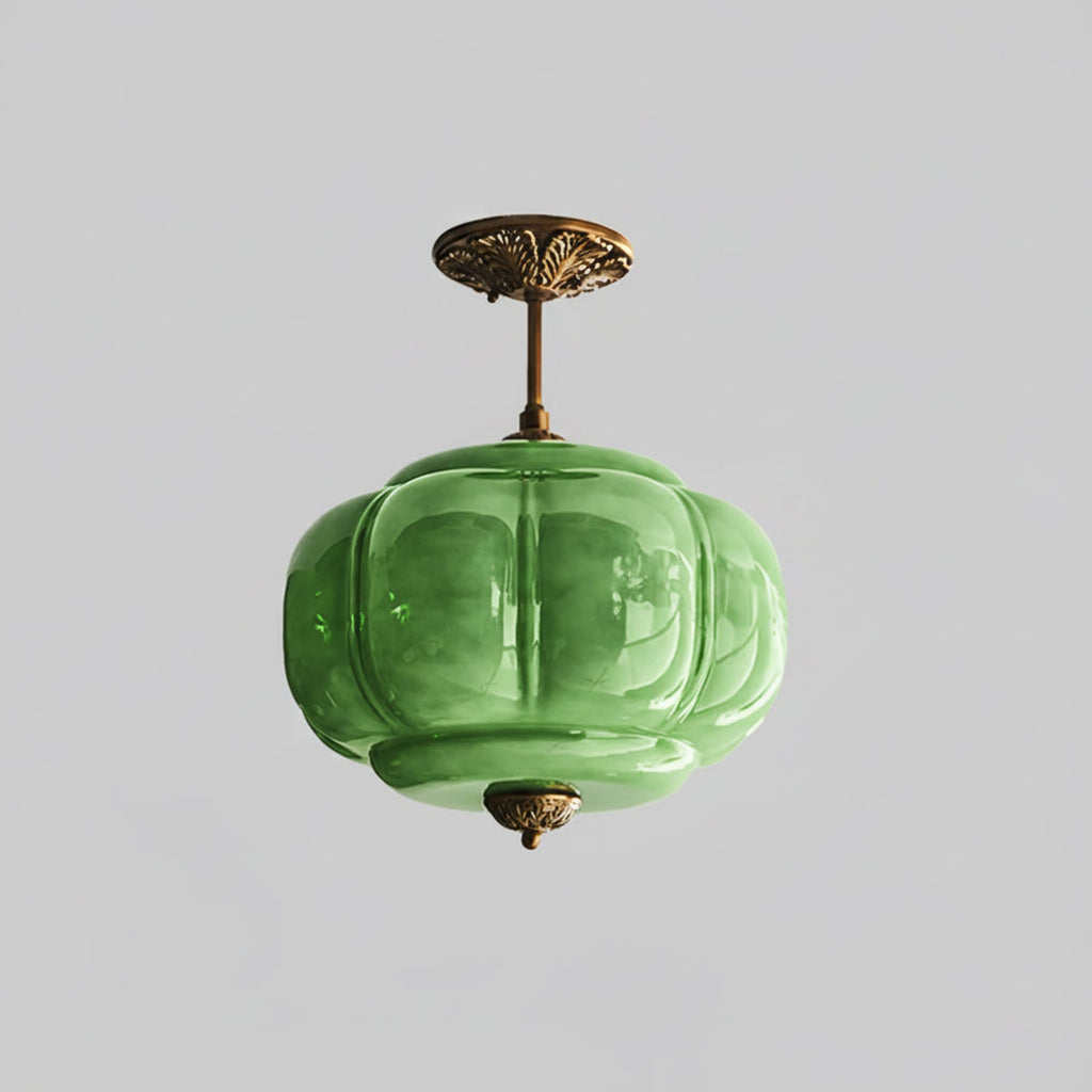 Retro Wrought Iron Glass Semi-Flush Ceiling Light With Tri-Colour Glow in Gold Green — Halden Lighting