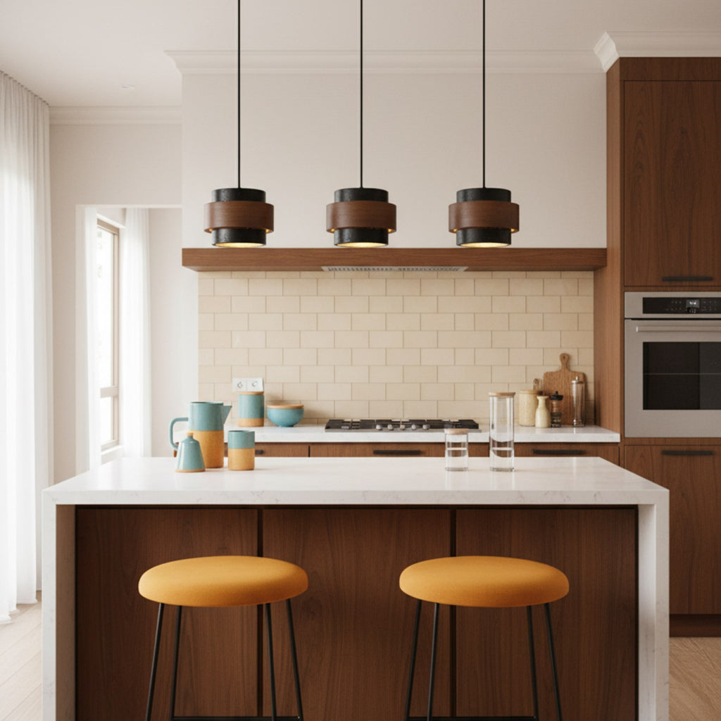 Modern Travertine And Wood Pendant Light For Dining Room — Halden Lighting