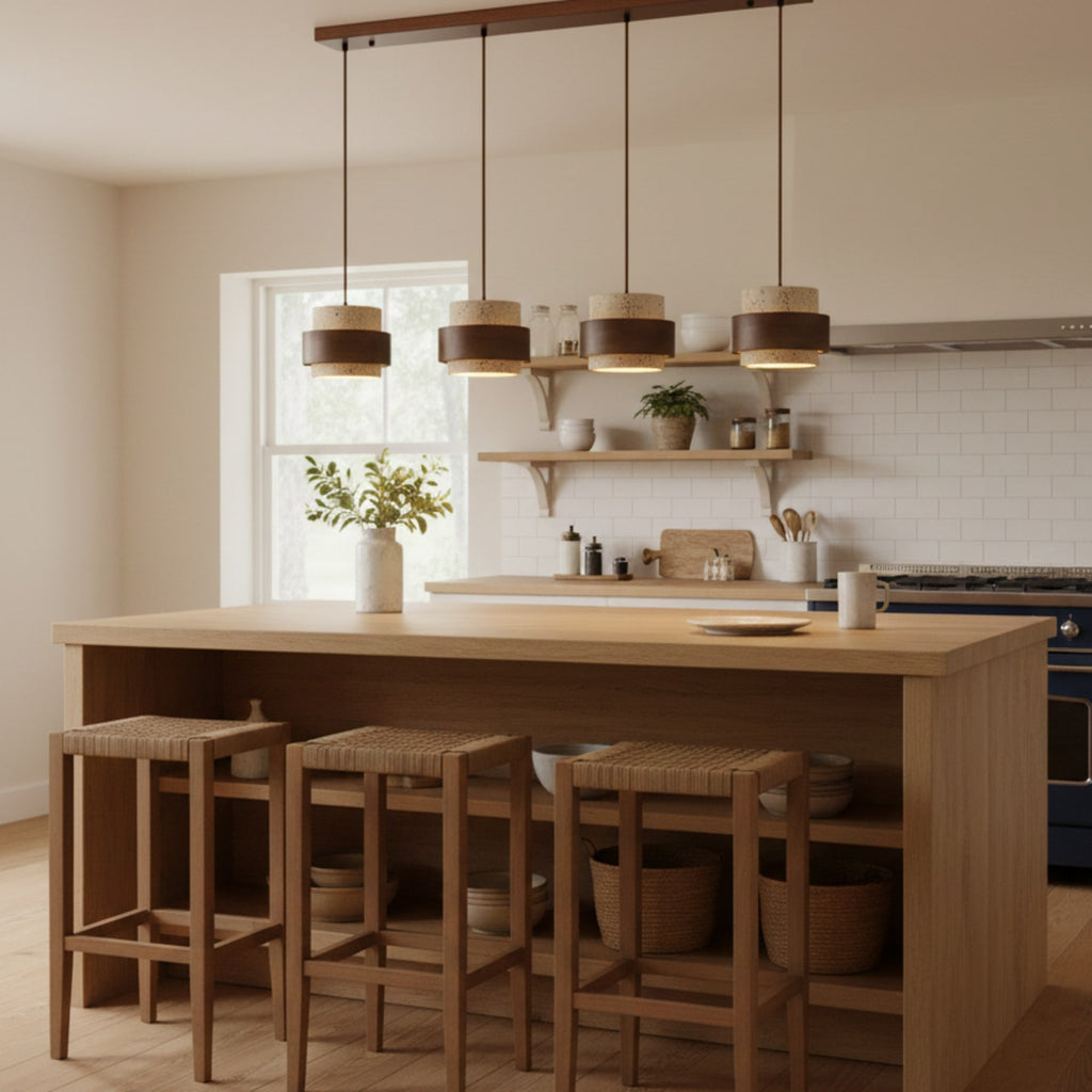 Modern Travertine And Wood Pendant Light For Dining Room — Halden Lighting