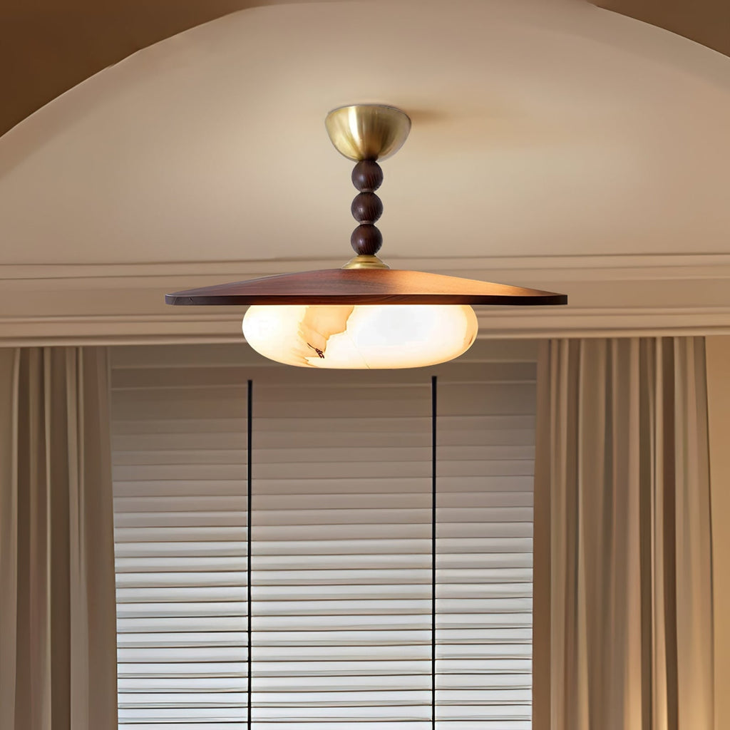 Modern Wood Semi-Flush Ceiling Light With Marble-Effect Glass — Halden Lighting