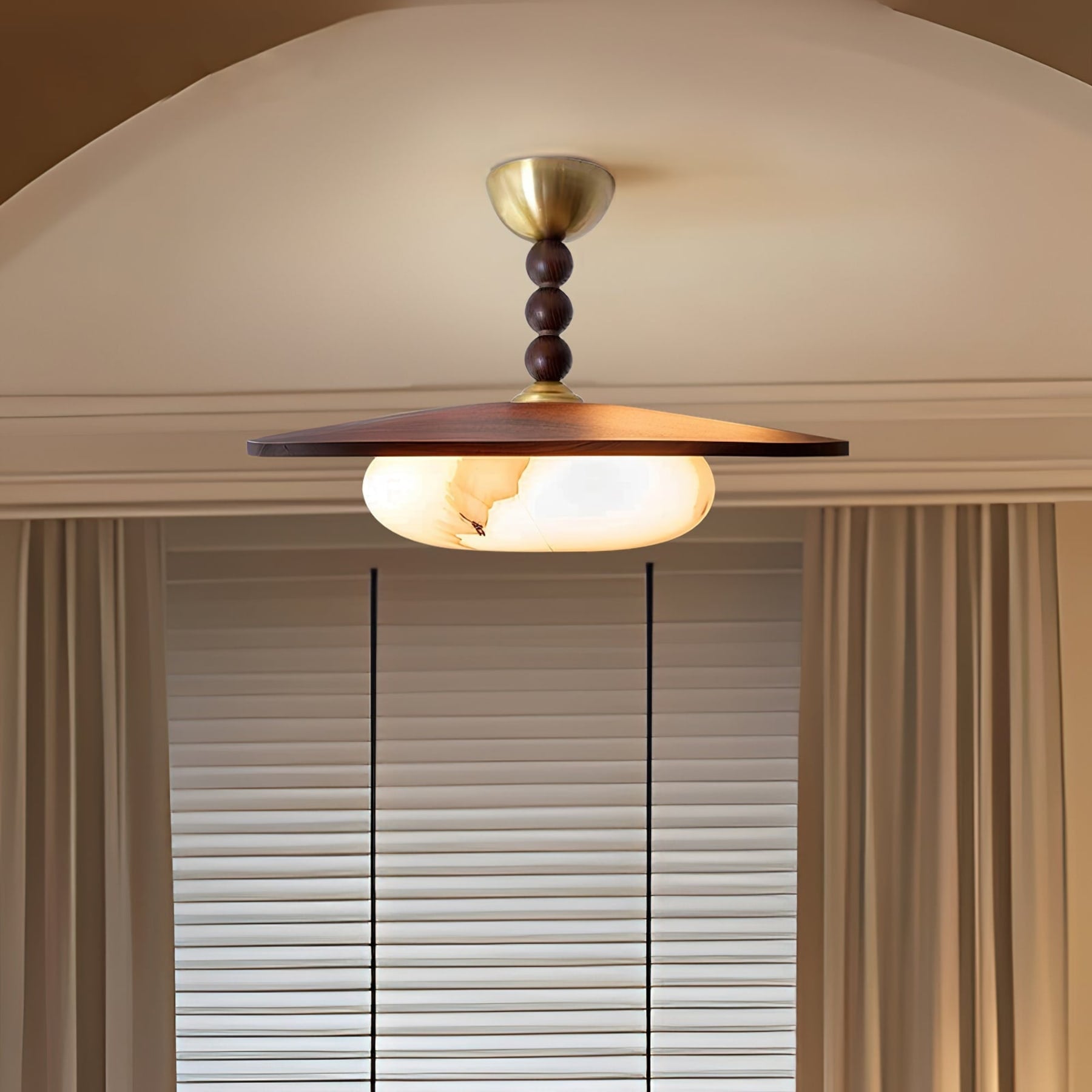 Modern Wood Semi-Flush Ceiling Light With Marble-Effect Glass — Halden Lighting