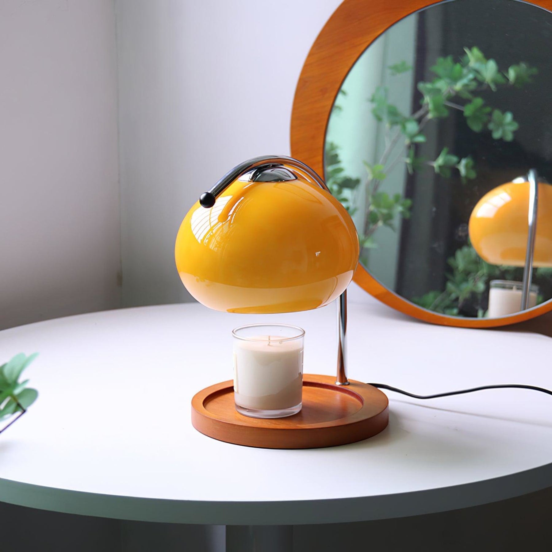 Modern Wood and Glass Table Lamp With Warm Daylight Glow in Yellow — Halden Lighting
