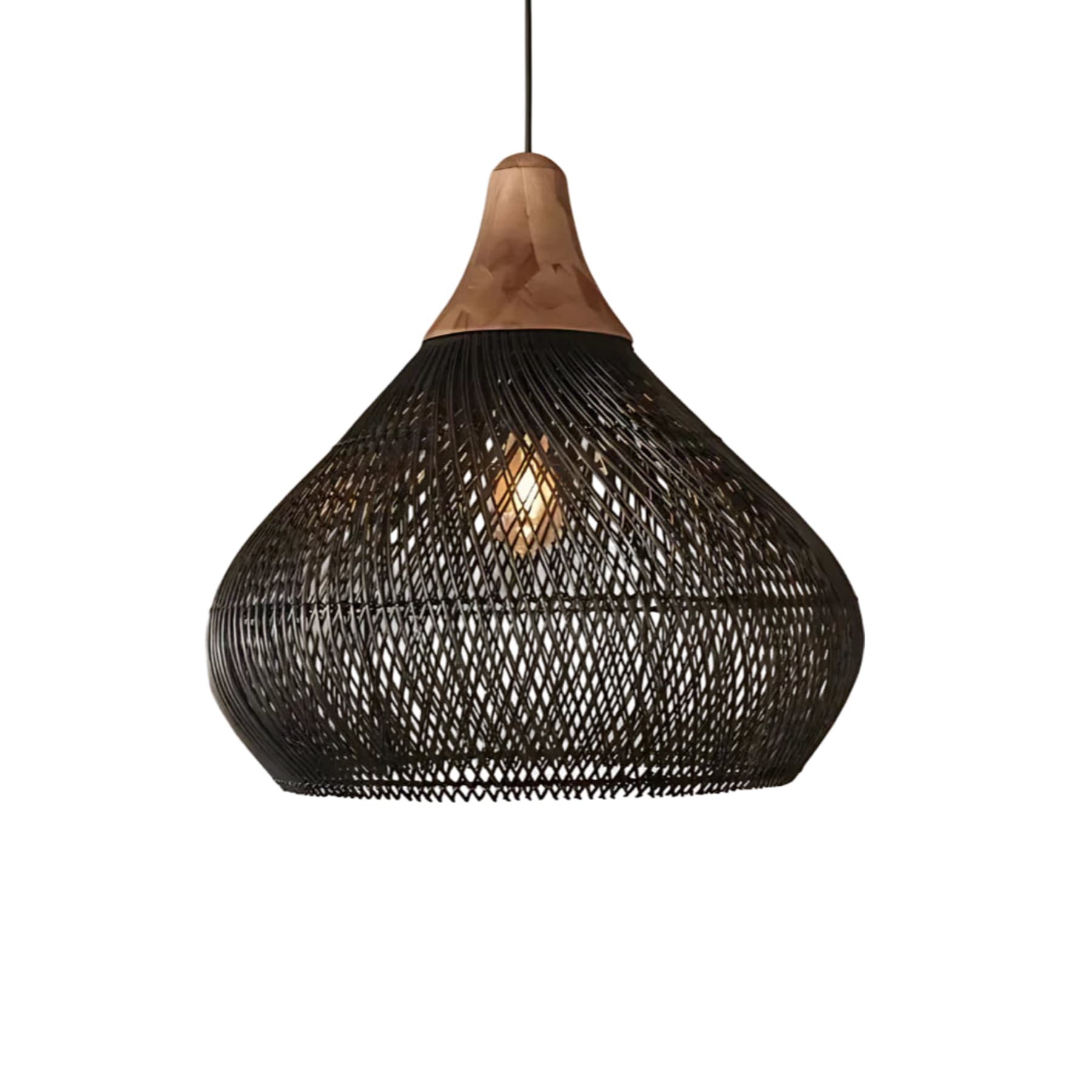 Bohemian Woven Rattan Pendant Light With Warm Neutral Glow in Black — Halden Lighting