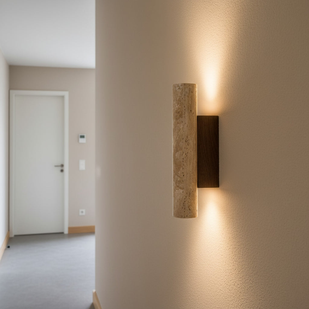 Modern Travertine And Wood Wall Light With Warm LED Glow — Halden Lighting