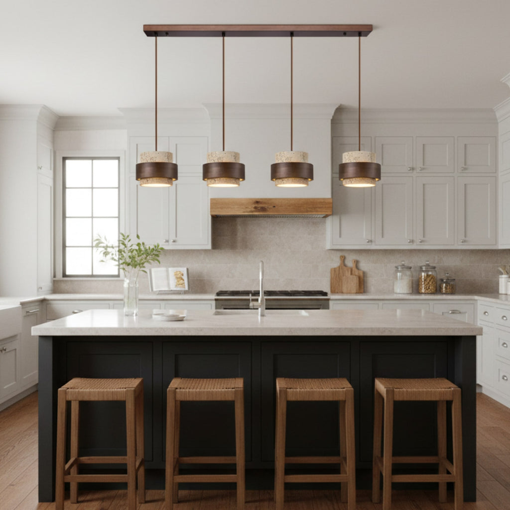 Modern Travertine And Wood Pendant Light For Dining Room — Halden Lighting