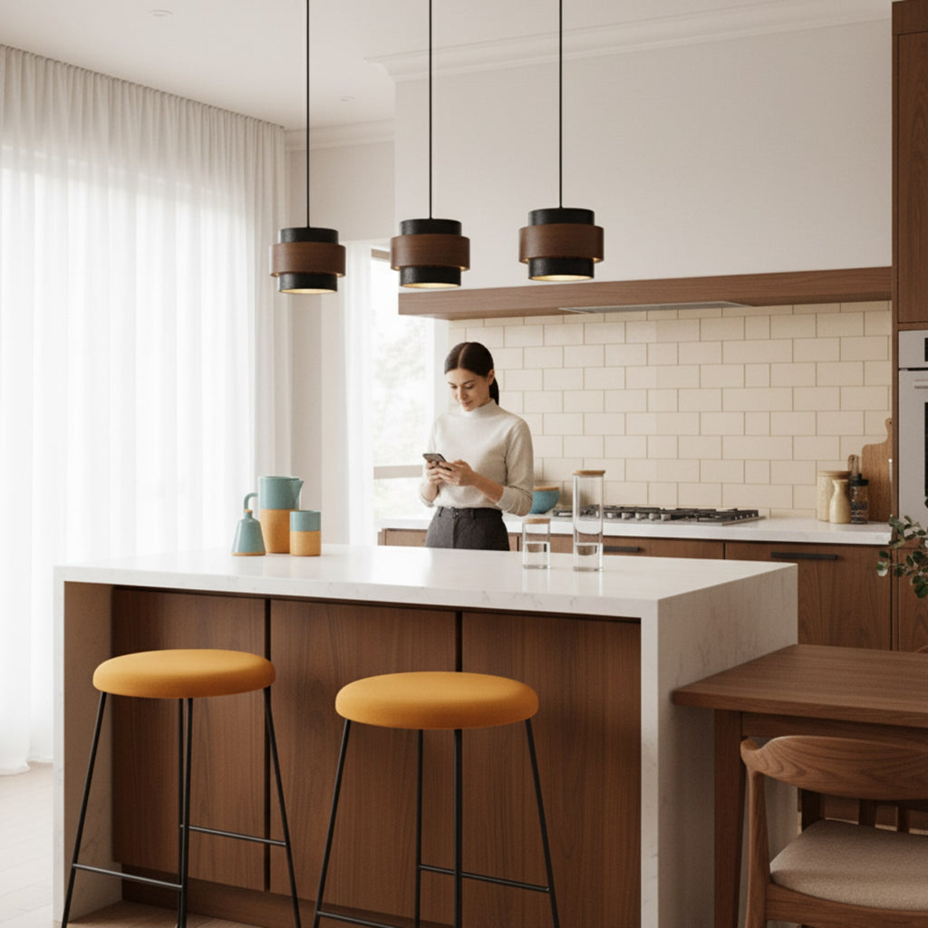 Modern Travertine And Wood Pendant Light For Dining Room — Halden Lighting