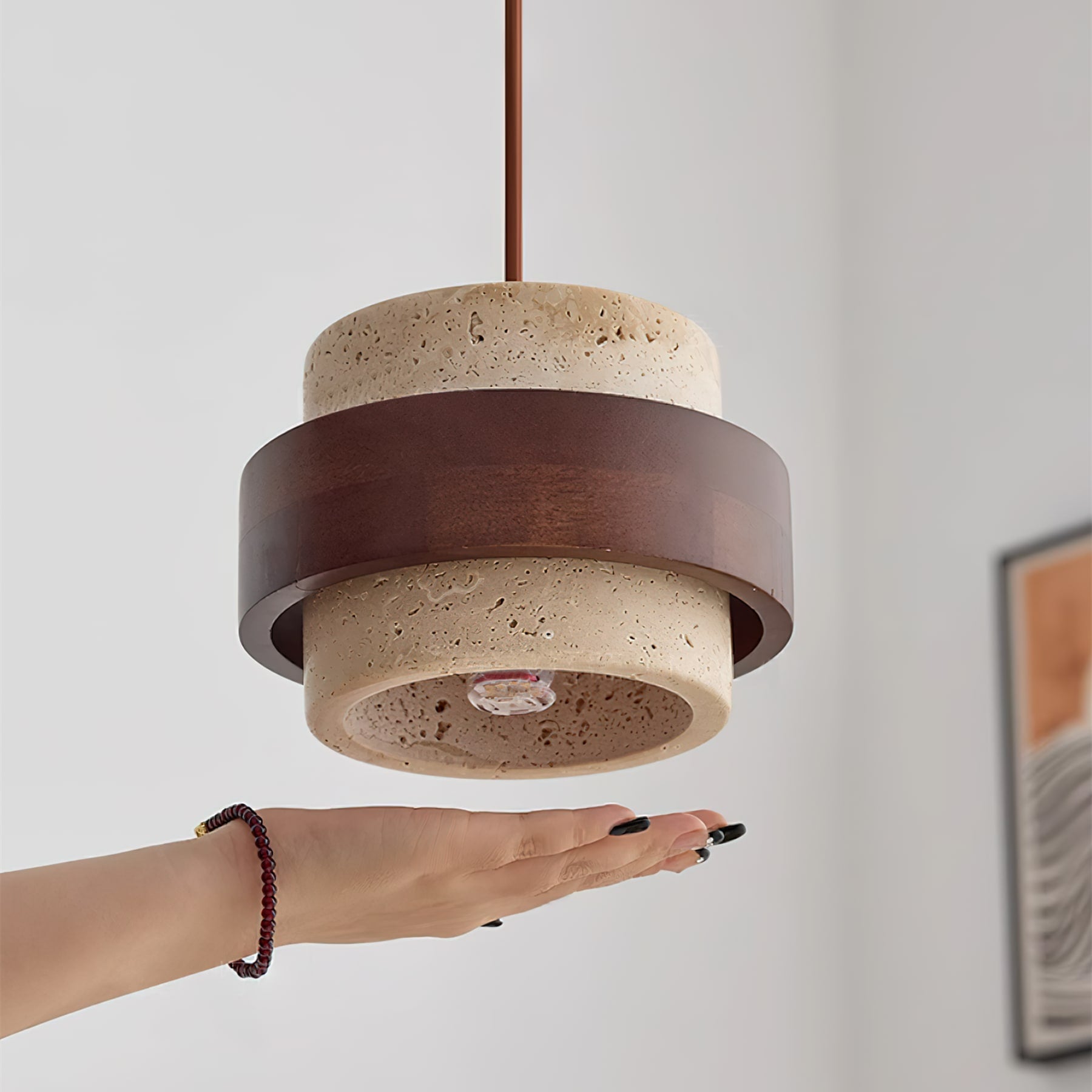 Modern Travertine And Wood Pendant Light For Dining Room — Halden Lighting