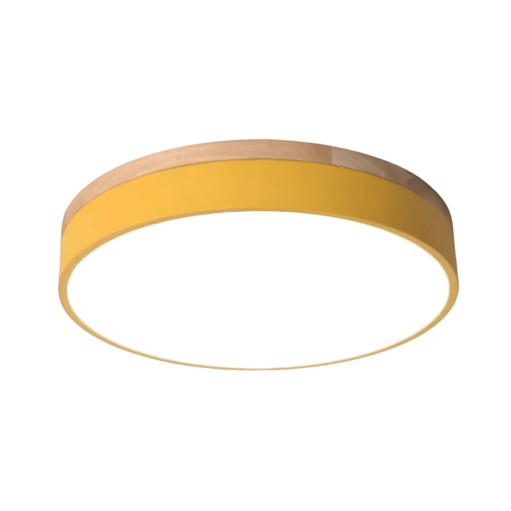 Modern Wood Flush Mount Ceiling Light With Remote Dimming in Yellow — Halden Lighting