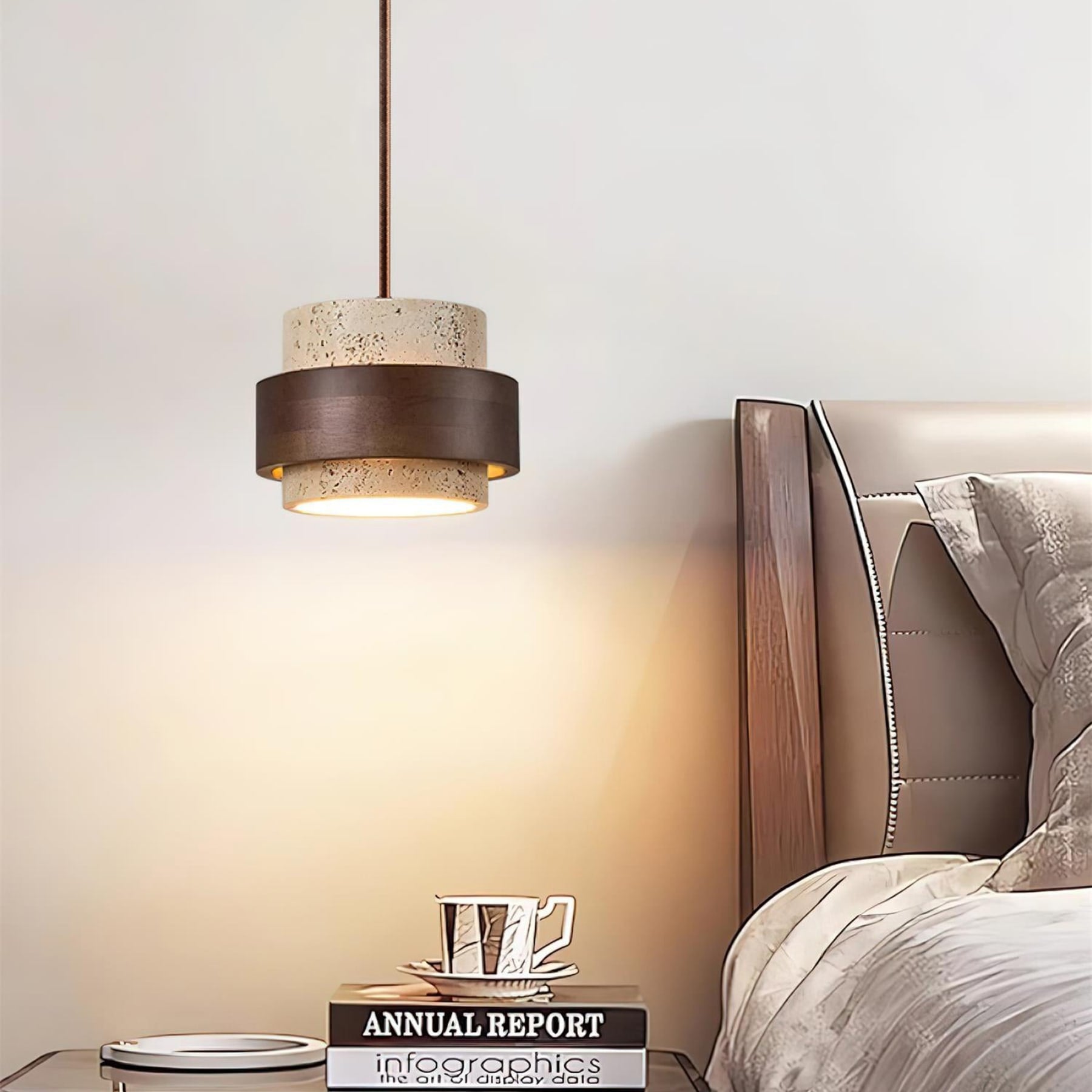 Modern Travertine And Wood Pendant Light For Dining Room — Halden Lighting