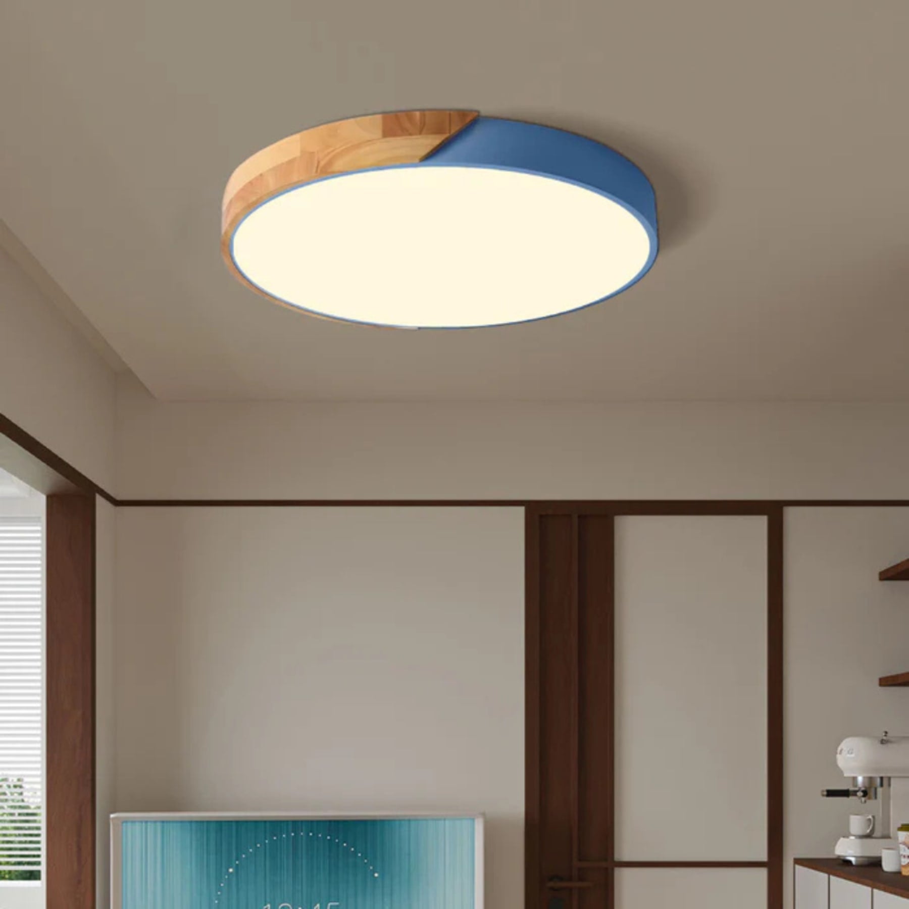 Modern Wood Flush Mount Ceiling Light With Remote Dimming — Halden Lighting