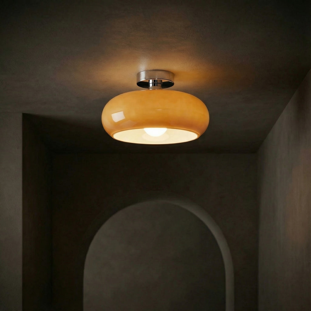 Modern Glass Globe Ceiling Light With Cool Daylight Glow in Chrome Amber — Halden Lighting