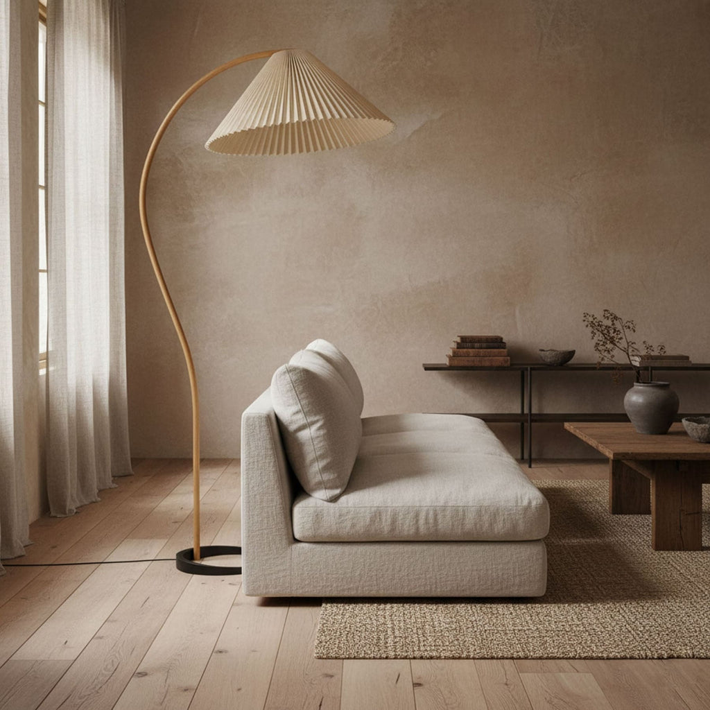 Scandinavian Wood Floor Lamp With Warm LED Glow for Living Room — Halden Lighting
