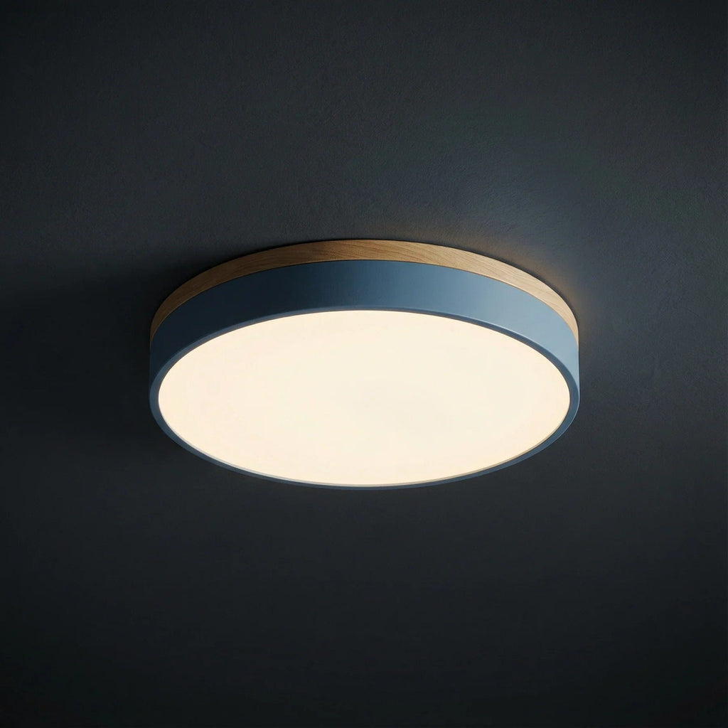 Modern Wood Flush Mount Ceiling Light With Remote Dimming in Blue — Halden Lighting