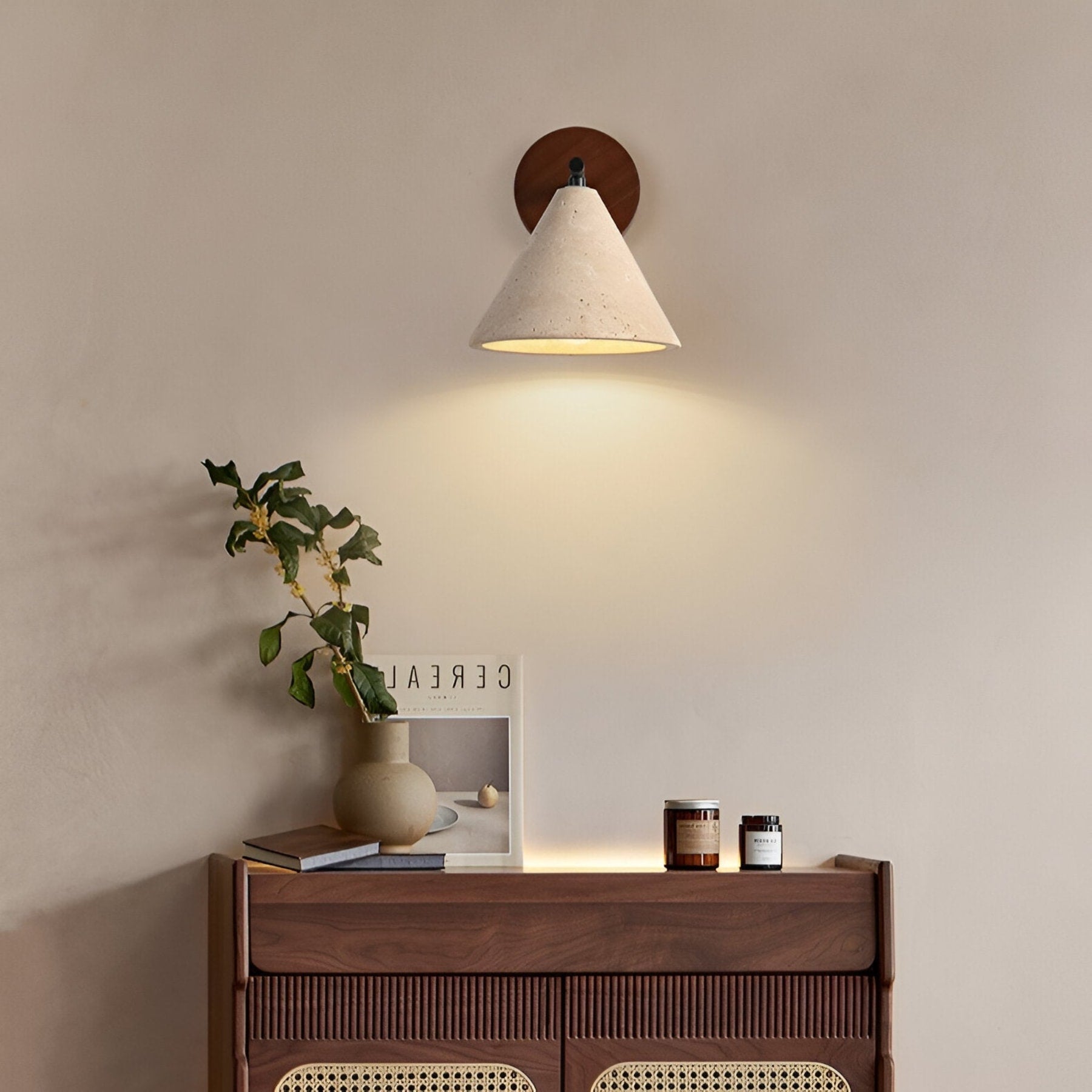 Travertine And Walnut Wall Light For Living Room — Halden Lighting