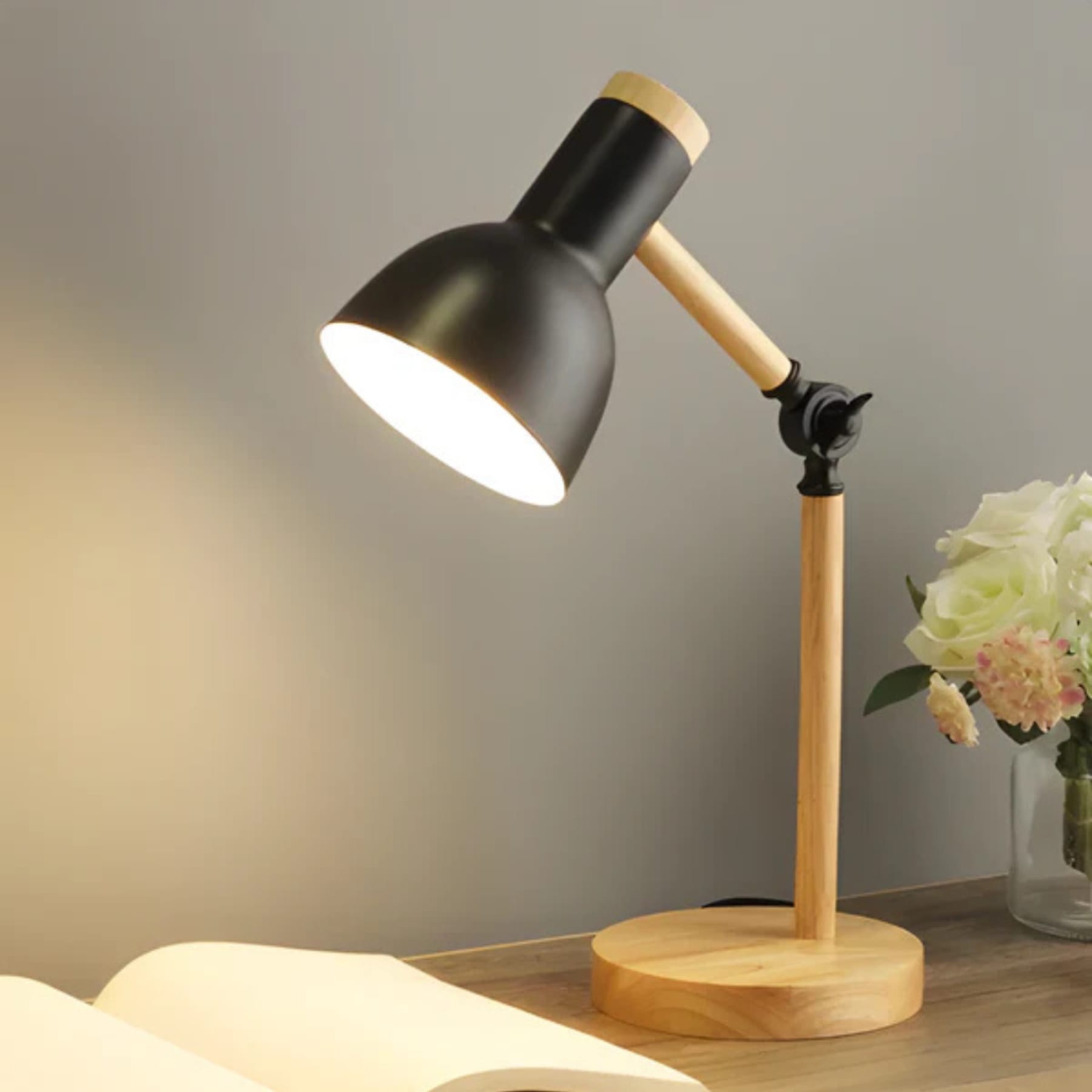 Modern Wood Table Lamp With Tri-Colour Dimmable Light for Home Office in Black — Halden Lighting